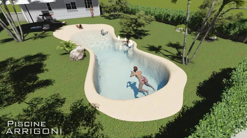 Nuovo concetto di piscina a laghetto con sabbia e spiaggia 03