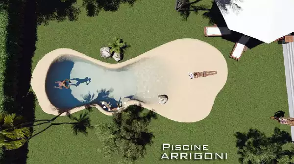 Nuovo concetto di piscina a laghetto con sabbia e spiaggia 00