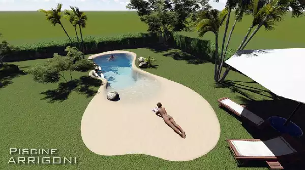 Nuovo concetto di piscina a laghetto con sabbia e spiaggia 01