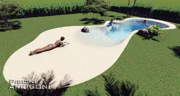 Nuovo concetto di piscina a laghetto con sabbia e spiaggia 02