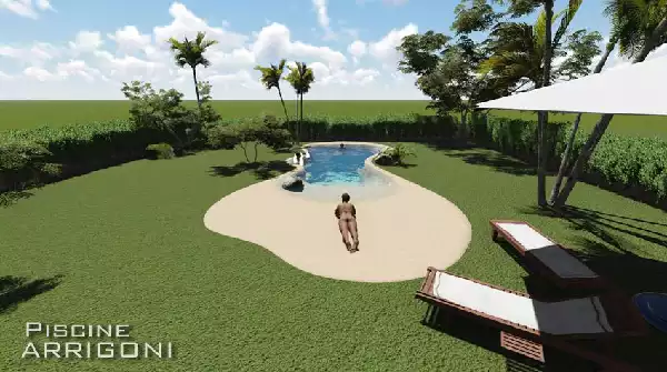 Nuovo concetto di piscina a laghetto con sabbia e spiaggia 04